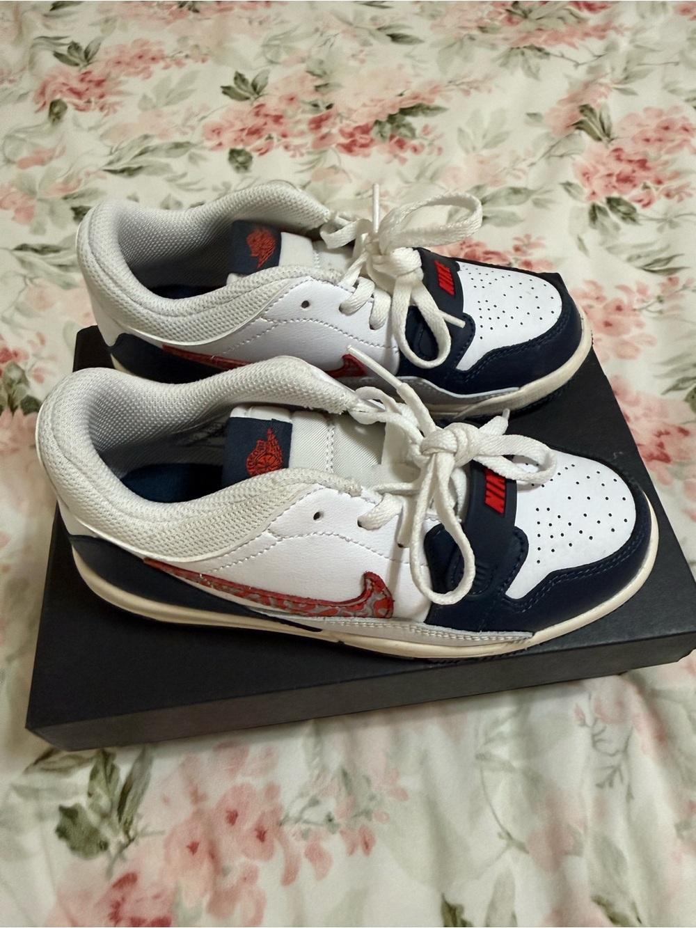 Jordan Kids White and Navy Sneakers with Red Swoosh
